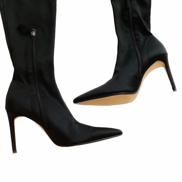 ZARA BLACK VERY HIGH KNEE STILETTO HEELS POINTED TOE STRETCH FITTED BOOTS - Picture 3 of 9
